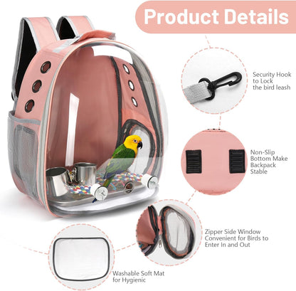 Bird Backpack Carrier, Travel Bird Cage for Small Medium Size Parrot Parakeet Budgies Cockatiel, Portable Clear Bubble Window Bag with Stainless Steel Tray Food Bolw Standing Perch (Pink)