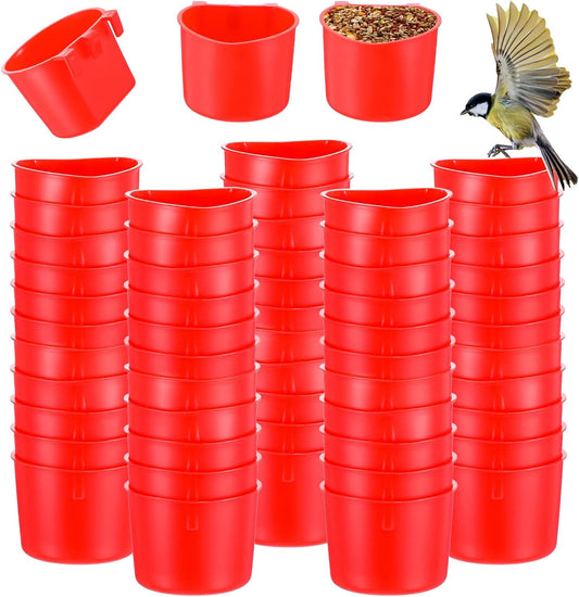 60 Pieces Cage Cups Birds Hanging Feeders Seed Bowl 8 oz Plastic Chicken Feeder Water Bowl Hanging Chicken Waterer Feeding Watering Dish Coop Cups for Gamefowl Parrot Parakeet Poultry(Red)