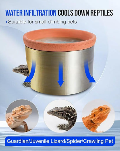 Reptile Water Bowl with Cooling System, Terracotta and 3D Printed Plastic, Climbing Pet Habitat for Lizards and Small Reptiles Shelter