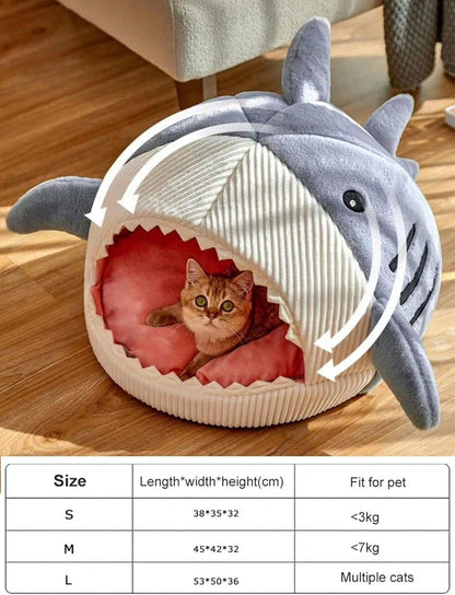QWINEE Cat Mat Shark-Shaped Kennel Kitten Bed Hideout House Warm Soft Comfortable Semi-Closed Cat Dog Nest Blue L