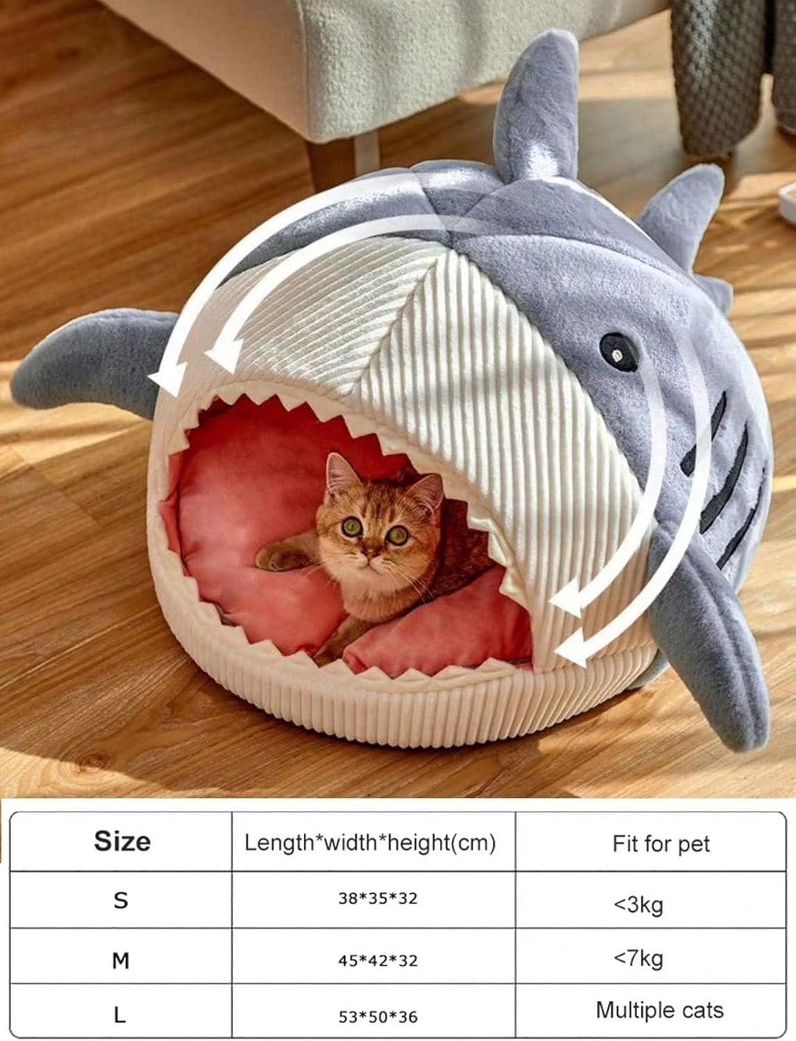 QWINEE Cat Mat Shark-Shaped Kennel Kitten Bed Hideout House Warm Soft Comfortable Semi-Closed Cat Dog Nest Blue M