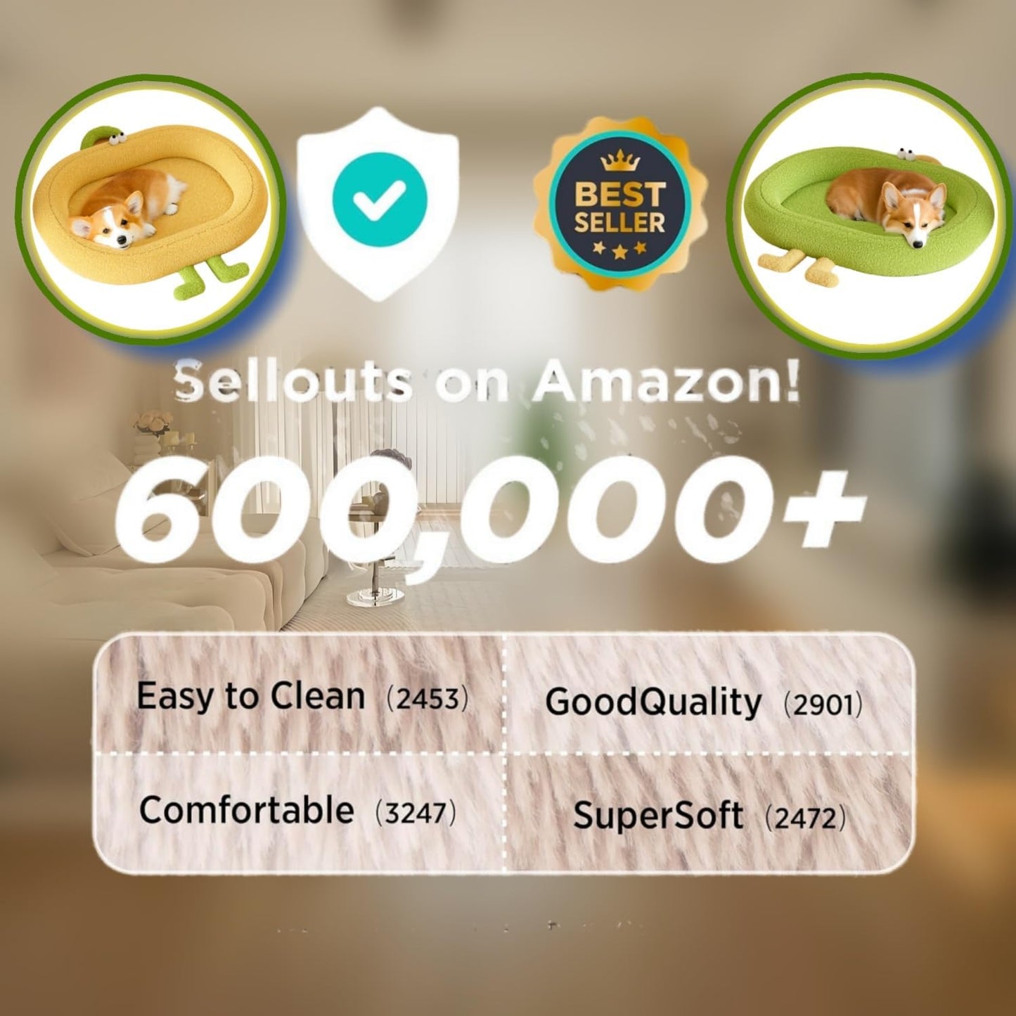 Cat Bed,for Indoor Outdoor Dog Beds & Furniture,Couch,Calming, Round,Fluffy, Cooling,Squish Mallow,Chew Proof,Waterproof,Non-Slip Bottom,Calming Dog Bed,Yellow(Yellow, L)