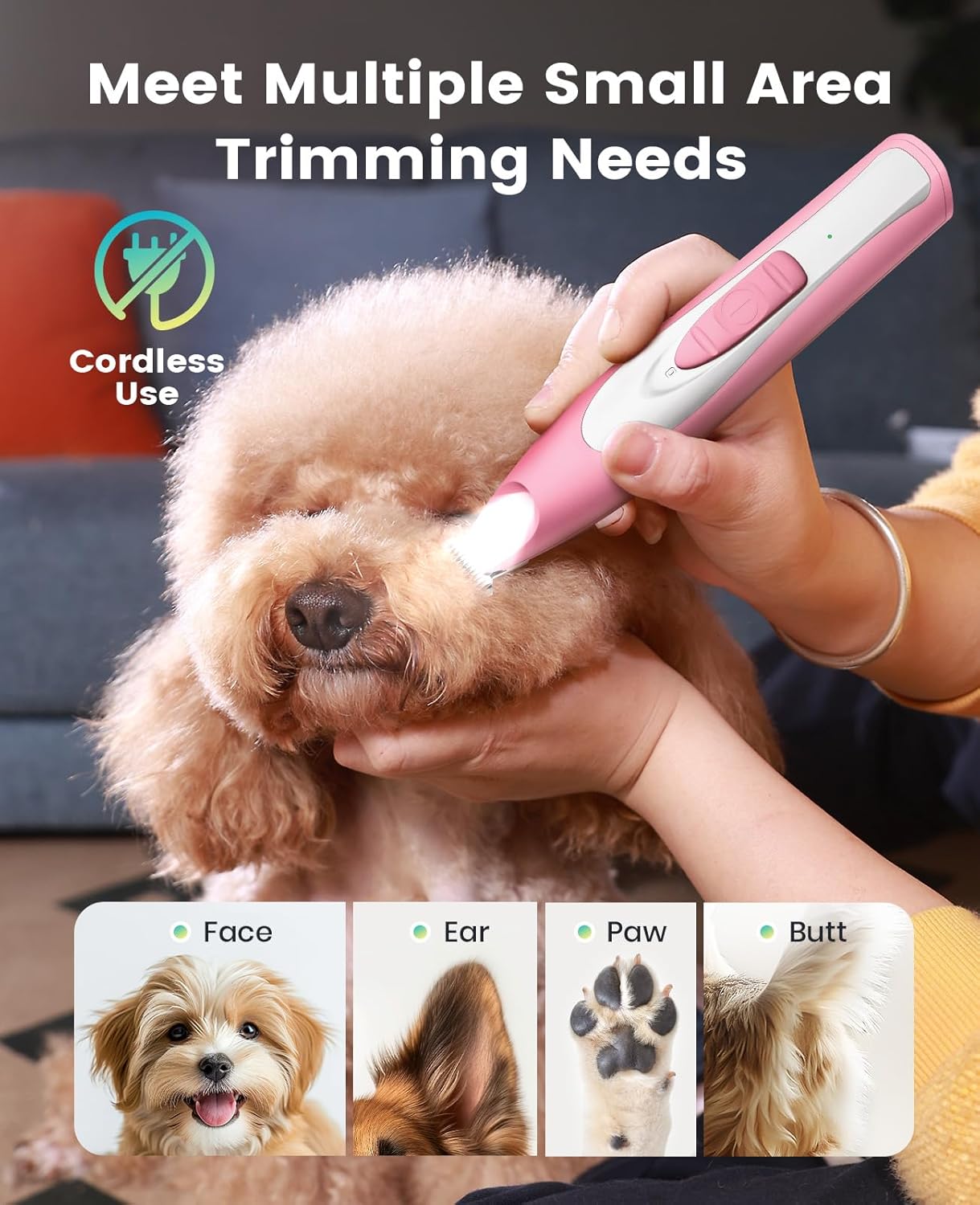 oneisall Low Noise Dog Paw Trimmer with LED Light, Paw Trimmer for Dogs 0.8inch/20mm Widen Blade, 35dB Cordless Electric Pet Paw Grooming Clippers for Paws, Ears, Face, Rump (Pink)