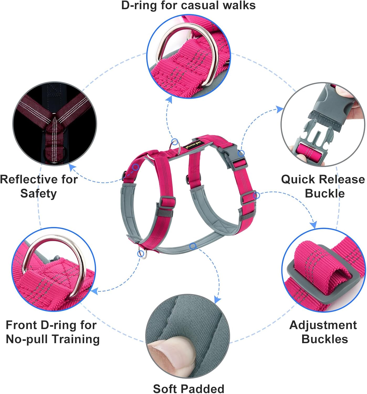 Plutus Pet No Pull Dog Harness, Adjustable Nylon Harness with Soft Padding, Reflective and Heavy Duty Dog Harness for Small, Medium, Large Dogs(Hot Pink, M)
