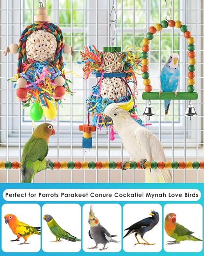 Bissap Conure Toys, 4 PCS Parrot Foraging Shredder Hanging Toys Sola Balls with Sand Hammer Perch Swing Climbing for Small Parrots Parakeets Conures Cockatiels Love Birds Cage Toy
