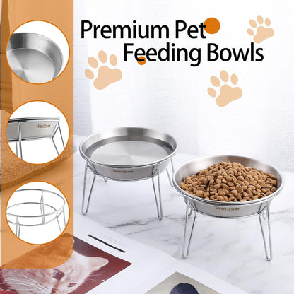 Cat Food Bowls, 4 Pcs Stainless Steel Cats Food and Water Whisker Fatigue Shallow Dishes, Small Dog Puppies Fat Faced Cat Kitten Supplies (4 Pack Raised Bowls)