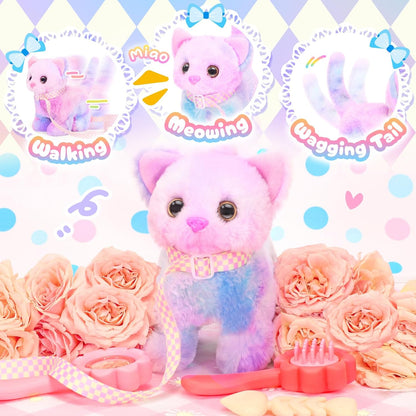 Tagitary Plush Toys Cat for Kids,Interactive Electronic Cat Toys That Can Move,Meow and Wag Tail,Stuffed Toys for Kids with Leash,Easter Christmas Birthday Gift for Toddlers Kids