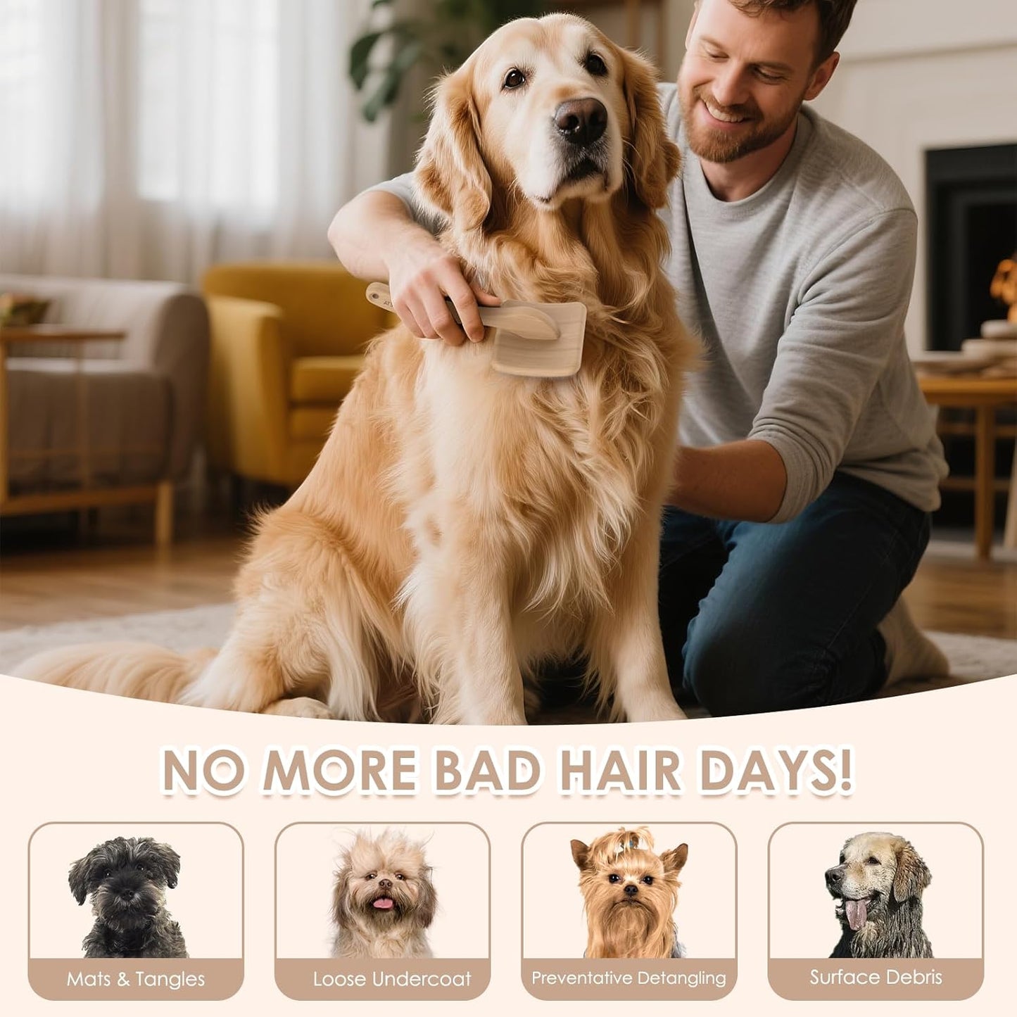 Long Pin Dog Slicker Brush for Poodles, Golden Doodles & Cats - 3-Piece Grooming Kit with Dematting Comb and Pet Comb, Large Wooden Handle Deshedding Tools for Thick Hair Mats Removal