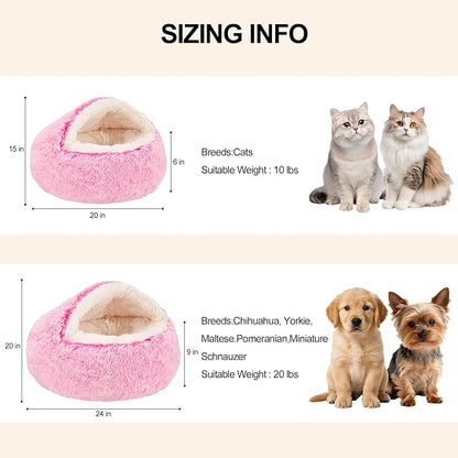 Calming Dog Beds & Cat Cave Bed with Hooded Cover,Removable Washable Round Beds for Small Medium Pets,Anti-Slip Faux Fur Fluffy Coved Bed for Improved Sleep,Fits up to 15/25 lbs(Pink,S)