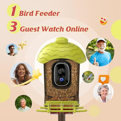 Smart Bird Feeder with Camera Outdoor: 2K Wild Bird Watching Video Cam - Unique Gifts for Nature Lover - Birds House Window at Garden IP66 Solar Charged & Squirrel-Proof Alarm