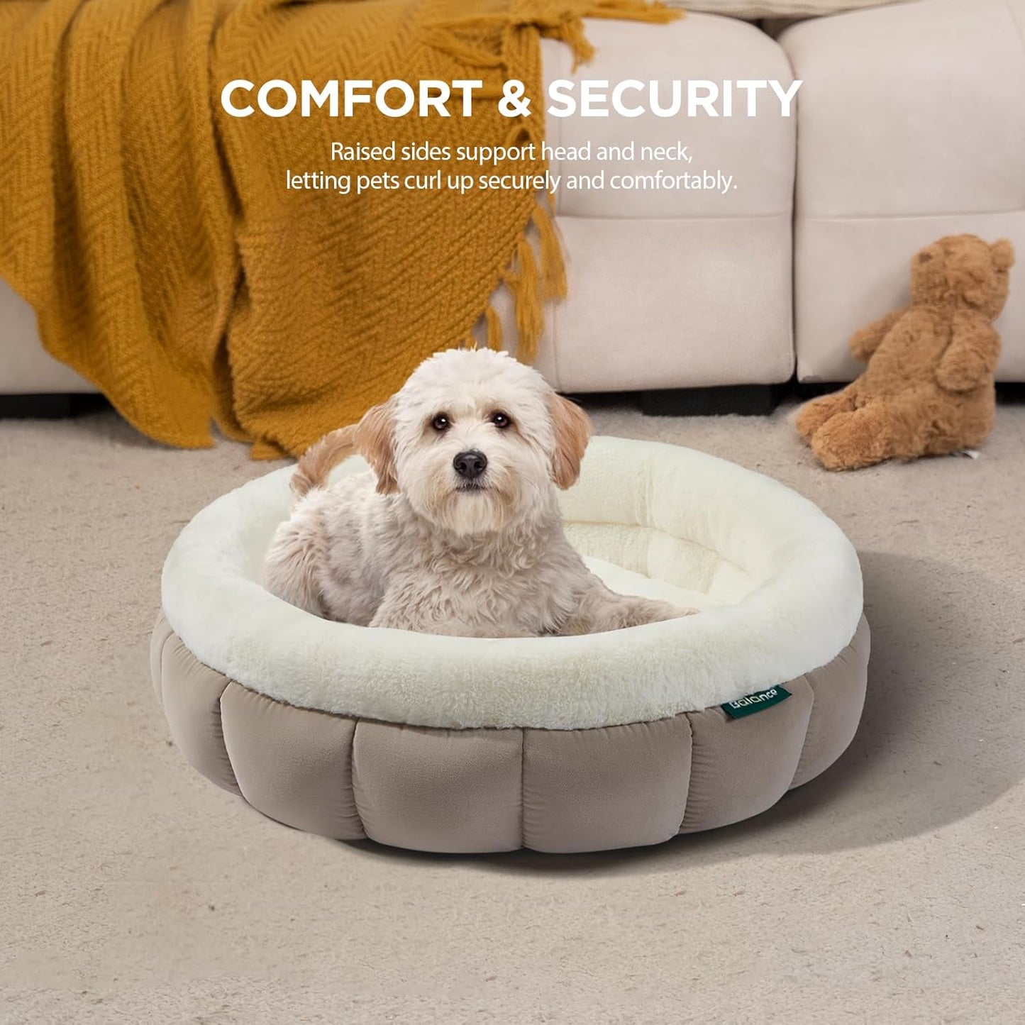 BALANCE Cat Beds for Indoor Cats, Washable Round Cat Bed, Cute Kitten Bed with Anti-Slip Bottom for Kitty and Puppy, 23 Inches, Goat