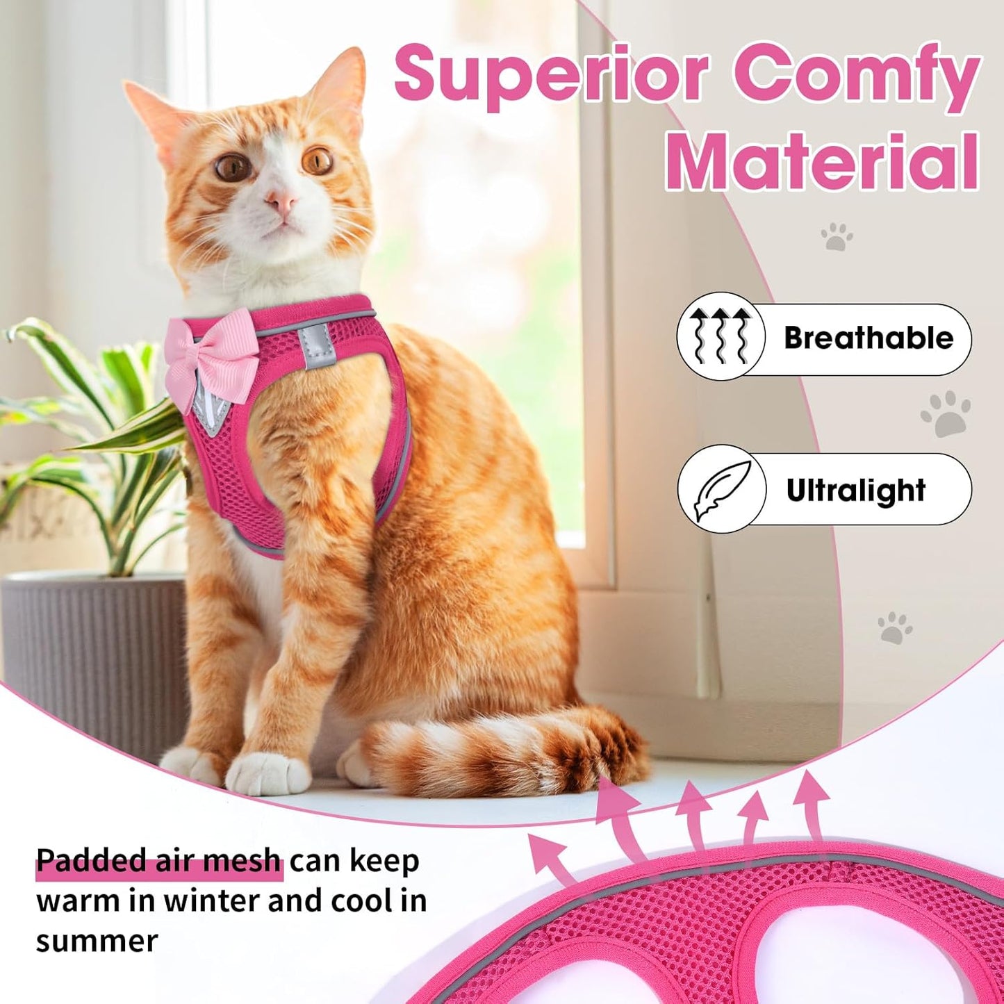 Cat Vest Harness and Leash Set for Walking Escape Proof, Adjustable Kitten Harness Breathable Mesh with Reflective Strips Harness for Kitty Puppy Bunny (Pink,S)