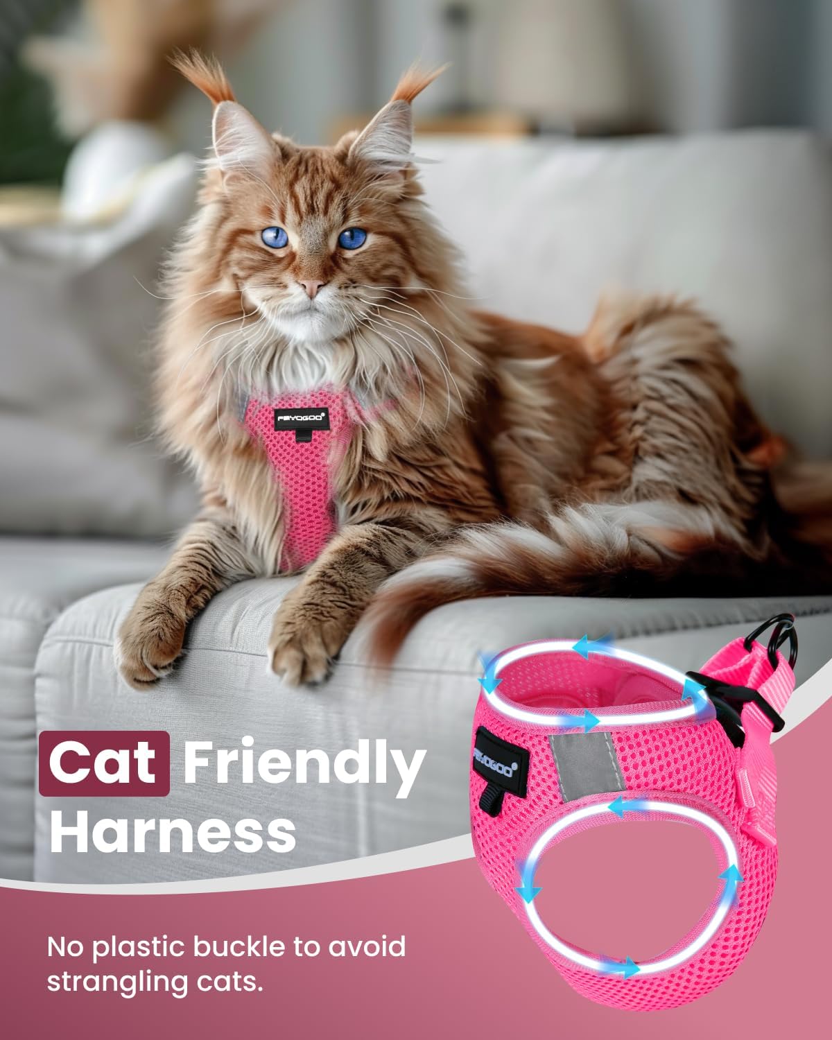 FAYOGOO Cat Harness and Leash Set | Upgrade Step-in Escape Proof Harness | Lightweight Soft Vest, No-Choke Design for Walking, Travel, Camping (Pink)