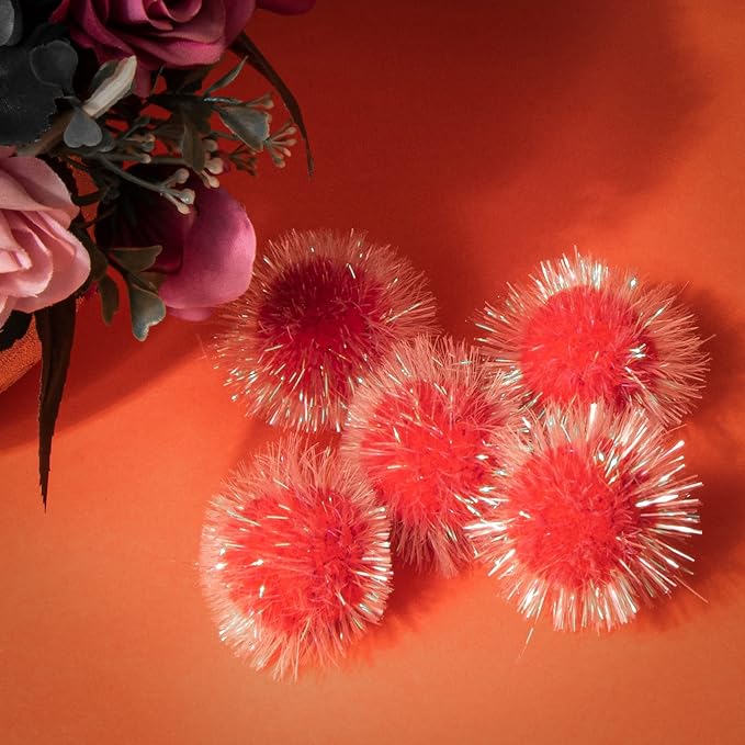 VAPKER 30 Pcs Cat Ball Toys Sparkle Balls Extra Large 2 Inch Cat's Favorite Chase Glitter Ball Glitter Tinsel Pom Poms Balls Red Color