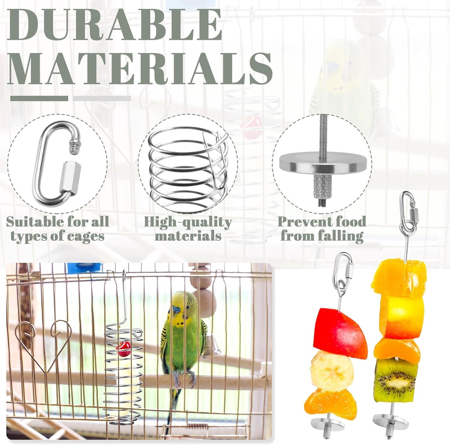 3 Pieces Stainless Steel Bird Cage Food Holder Set, Hanging Millet Holder Basket and Parrot Fruit Vegetable Skewer, Slow Treat Feeder Parrot Foraging Toys for Rat Small Pet Feeding