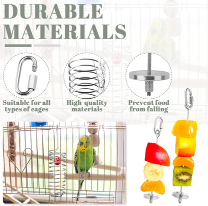 3 Pieces Stainless Steel Bird Cage Food Holder Set, Hanging Millet Holder Basket and Parrot Fruit Vegetable Skewer, Slow Treat Feeder Parrot Foraging Toys for Rat Small Pet Feeding