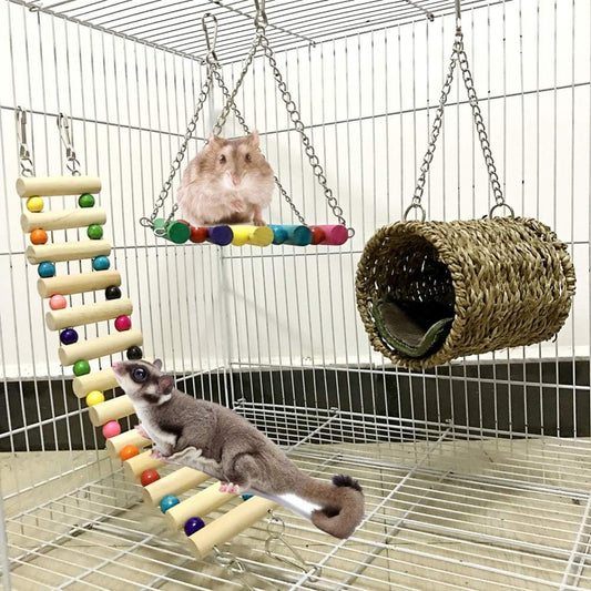 Leeko Pet Hammock Hamster Hanging Toy, 3 Piece Set House Hanging Bed Cage Toys for Small Animal Sugar Glider Squirrel Chinchilla Hamster Rat Playing Sleeping