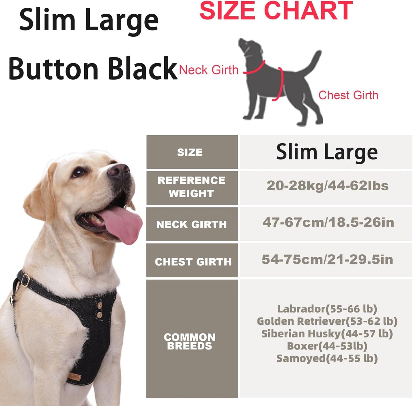 Dog Harness, No Pull Dogs Harness and Multi-Function Leash Set for Medium Dogs Easy Walk Everyday Adjustable Soft Dog Vest Harness Fashionable Dog Accessories Black-Button-Slim Large