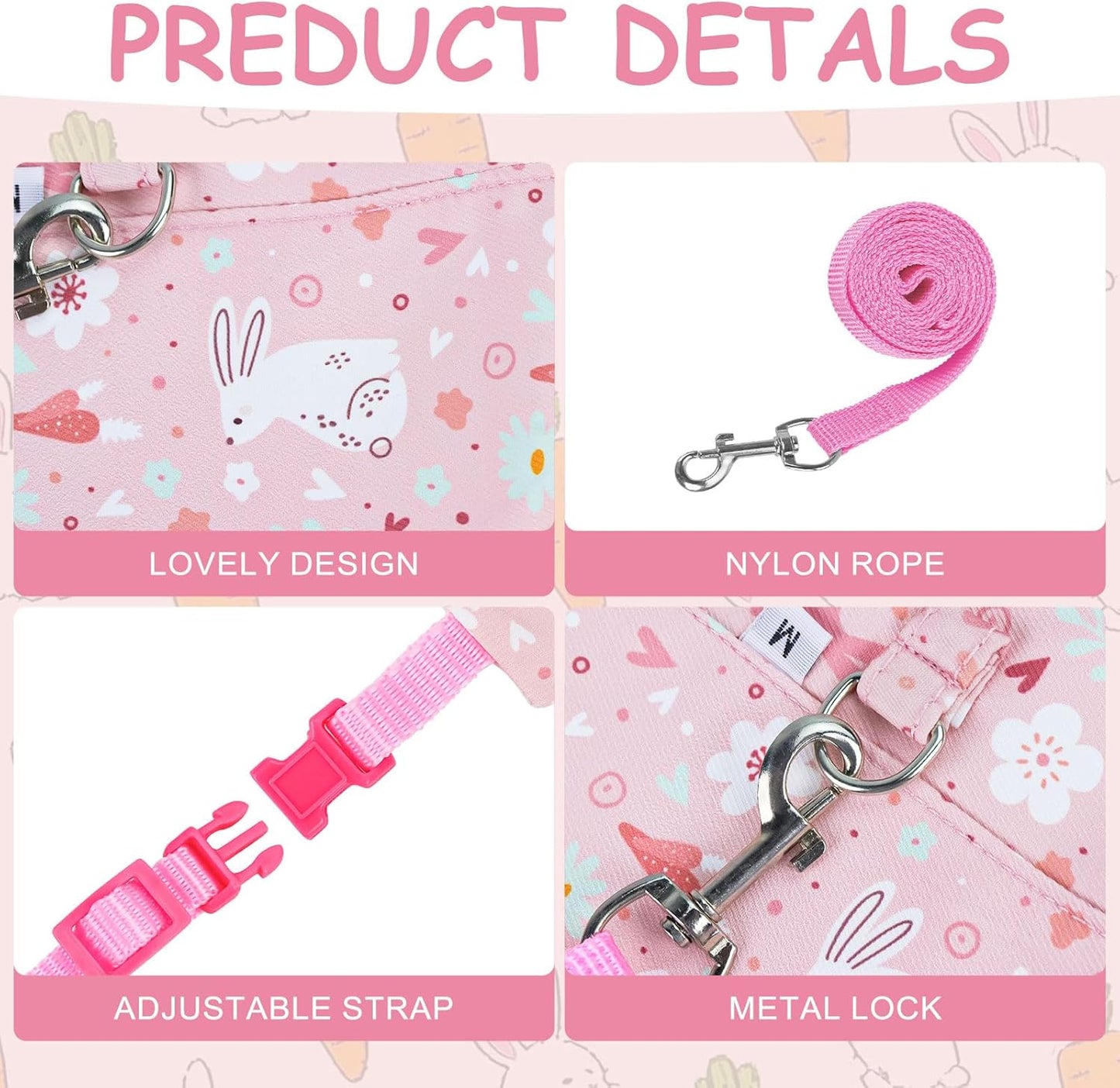 Bunny Harness and Leash Set for Rabbits & Small Pets - 3-Piece Escape-Proof Rabbit Harness with Adjustable Clothes (Light Pink/Pink/Light Blue) - Soft Bunny Leash for Guinea Pigs, Ferrets & More