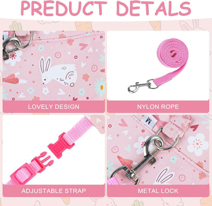 Bunny Harness and Leash Set for Rabbits & Small Pets - 3-Piece Escape-Proof Rabbit Harness with Adjustable Clothes (Light Pink/Pink/Light Blue) - Soft Bunny Leash for Guinea Pigs, Ferrets & More