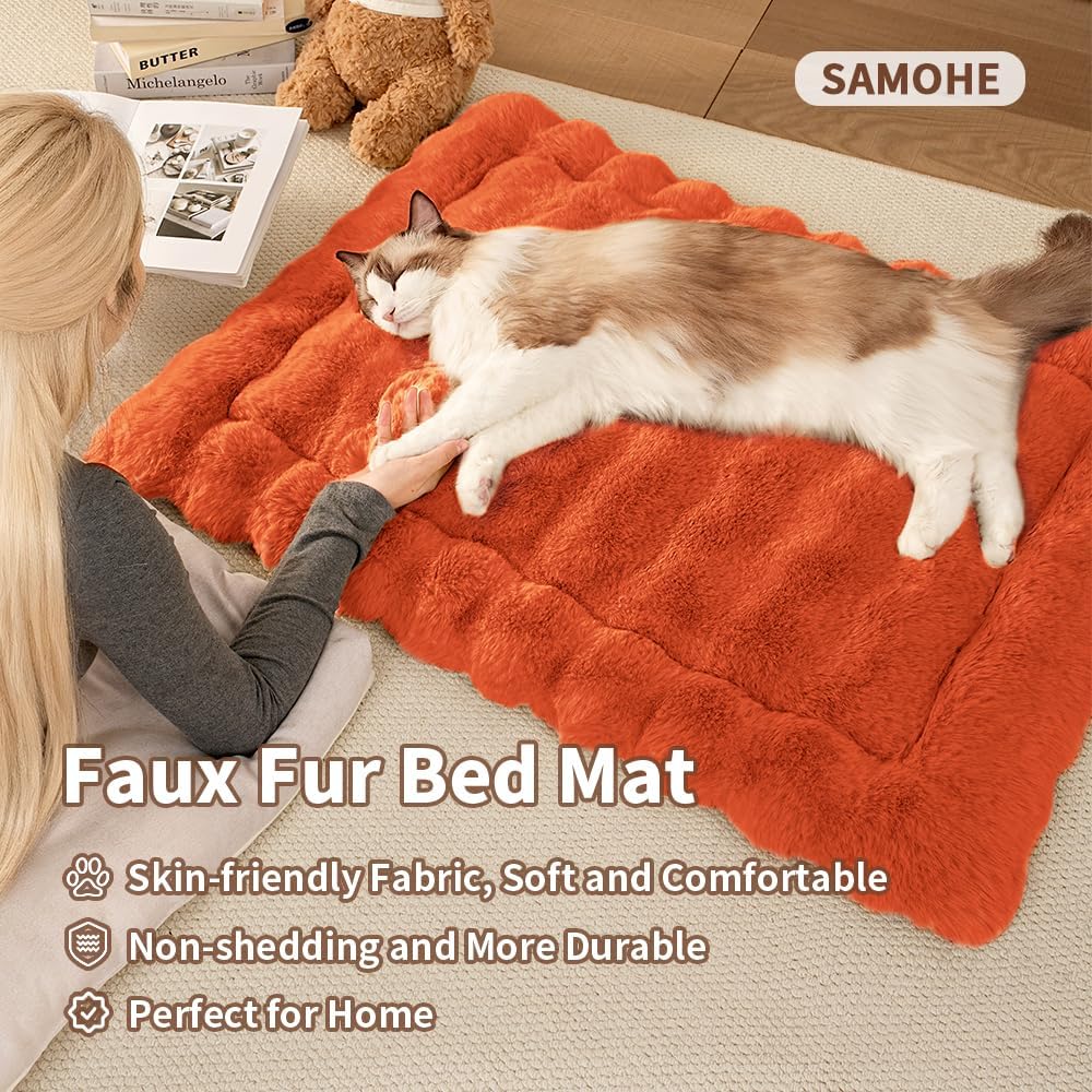 Cat Beds for Indoor Cats Faux Fur Pet Mat Cute Kitten Plush Bed with Non-Slip Bottom for Carriers/Couch Dog & Puppy Friendly 27 x 20 Inch Large Orange