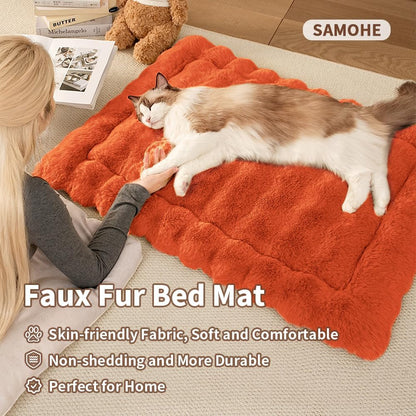 Cat Beds for Indoor Cats Faux Fur Pet Pad Mat Plush Kitten Bed with Non-Slip Bottom for Carriers/Couch Dog & Puppy Friendly 23 x 15 Inch Small Orange