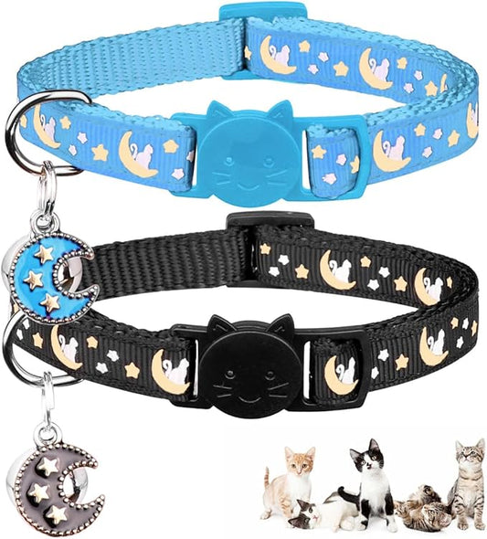 2Pcs Breakaway Cats Collars Cat Collars for Boy Cats Adjustable Kitten Collars with Bell,Black+Light Blue