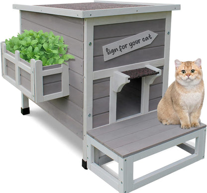Rockever Outdoor Cat House, Large Outdoor Houses for Feral Cats Wooden Outside Cat Shelter Weatherproof with Escape Door