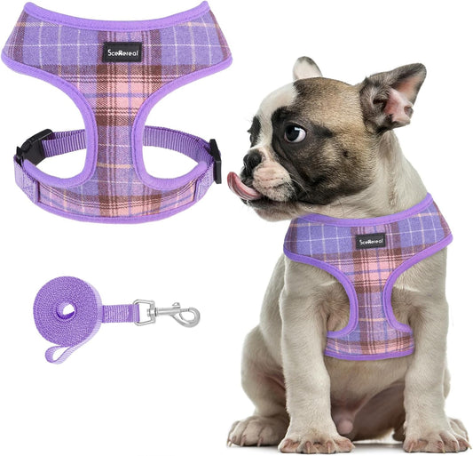 SCENEREAL Puppy Dog Harness with Leash Set for Small Medium Sized Dogs, Soft Mesh Step in Pet Harnesses and Leash, No Chock Plaid Adjustable No Pull Vest for Dogs Cats, Chihuahua,Bulldog (Purple M)