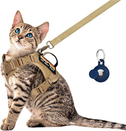 Tactical Cat Harness and Leash Set for Walking, Adjustable Escape Proof Pet Vest for Large Cat, Easy Control Breathable Vest with Handle，Molle Patches (Khaki+Leash, L)