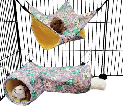 Guinea Pig Rat Tunnel Ferret Hammock, Small Animal Corner Tunnel & Tubes & Bed for Hedgehog Piggy Chinchilla Hideout Toys and Cage Accessories (3.Hammock&Tunnel, Owl)
