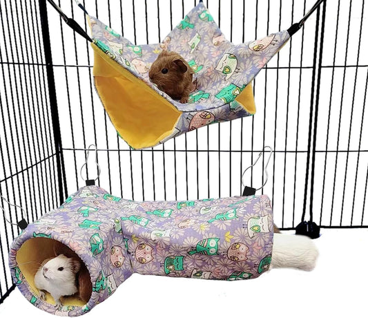 Guinea Pig Rat Tunnel Ferret Hammock, Small Animal Corner Tunnel & Tubes & Bed for Hedgehog Piggy Chinchilla Hideout Toys and Cage Accessories (3.Hammock&Tunnel, Owl)