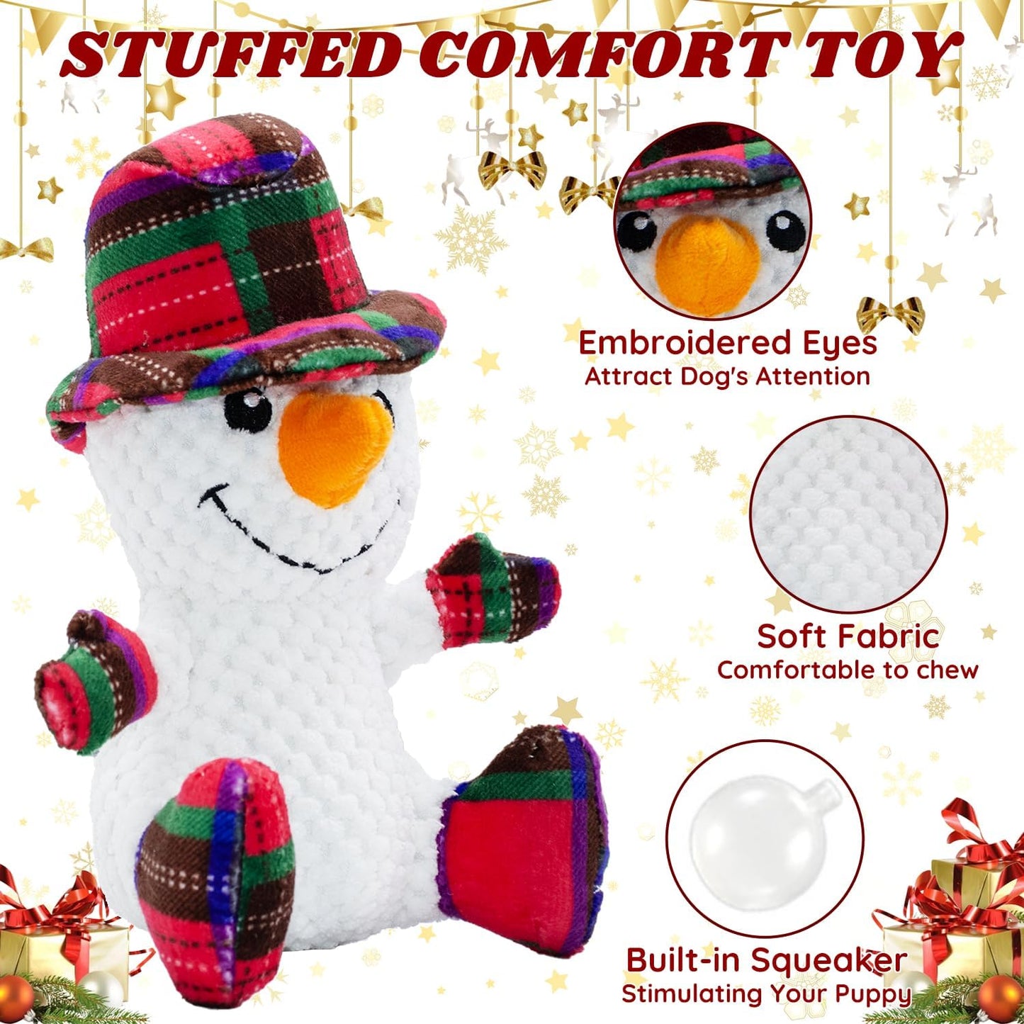 Dog Christmas Snowman and Reindeer Toy With Squeaker, 2 Pack With Crinkle Paper, Soft Pet Chew for Teeth, Interactive Plush for Small & Medium Dogs