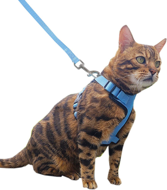 Cat Harness and Leash Set,Escape Proof Adjustable Cat Harness,Soft and Breathable Kitten Harness and Leash with Reflective Strips for Walking and Traveling(Light Blue, Small(8.9-16.6lb))