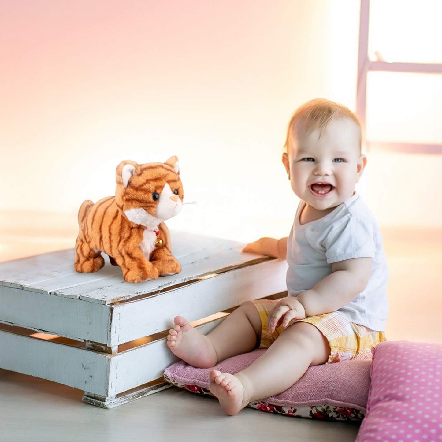 Pattern Yellow Plush Cat Stuffed Animal Interactive Cat Robot Toy, Barking Meow Kitten Touch Control, Electronic Pet Kitty Toy, Animated Toy Cat for Girl Baby L:12" * H:8" * W:5"