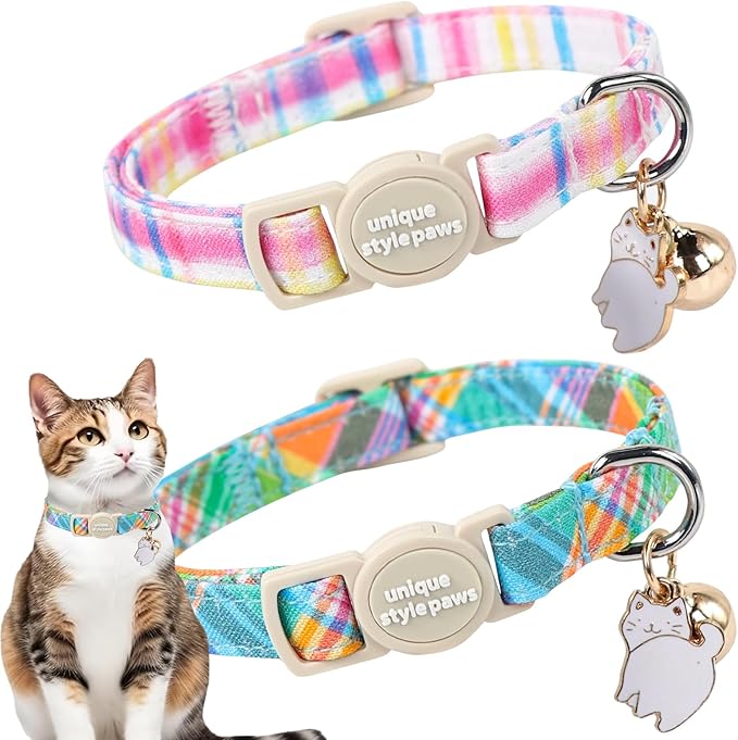 Unique style paws 2 Pack Easter Day Kitten Collar Breakaway with Bell&Pendant, Adjustable Safety Blue Pink Colorful Plaid Cat Cotton Collar for Girl Boy Cat and Small Pet