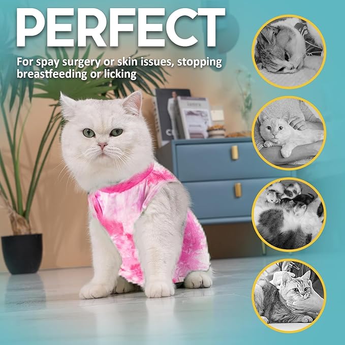 Avont Cat Recovery Suit - Kitten Onesie for Cats After Surgery, Cone of Shame Alternative Surgical Spay Suit for Female Cat, Post-Surgery or Skin Diseases Protection -Tie-dye Pink(S)