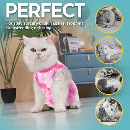 Avont Cat Recovery Suit - Kitten Onesie for Cats After Surgery, Cone of Shame Alternative Surgical Spay Suit for Female Cat, Post-Surgery or Skin Diseases Protection -Tie-dye Pink(S)