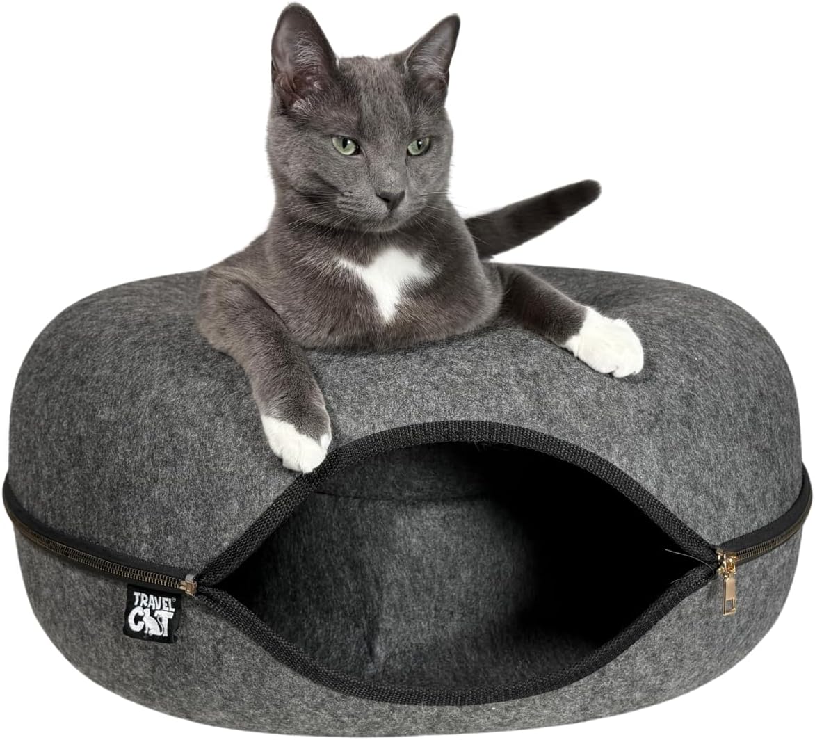 Travel Cat Tunnel Bed Cave - 21 Inch Large Premium Grey Round Donut Cat Cave for Indoor Cats, Kitten - Detachable Cat Hideaway Cat Bed with Tunnel for Playing, Scratching, Sleeping