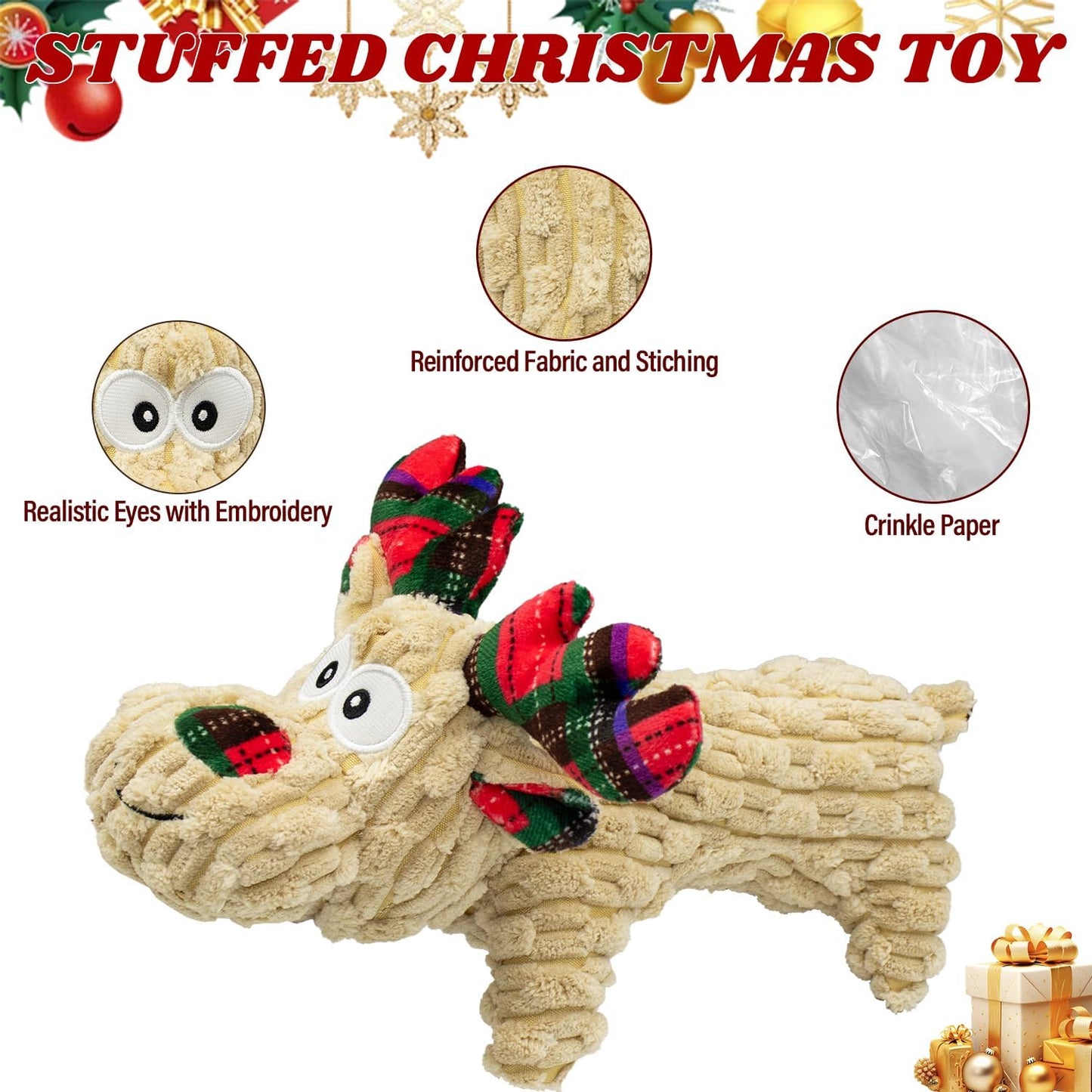 Dog Toys Squeaky Interactive Puppy Teething Chew Toy Stuffed PP Cotton Crinkle Sound Paper Tail,Deer Shape for Large Medium Small Breeds Indoor Outdoor Play