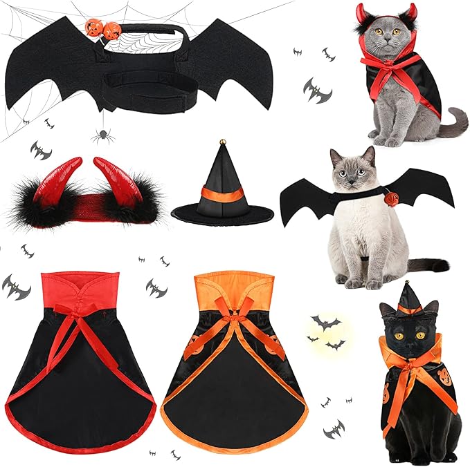 5 Pcs Cat Halloween Vampire Costume Halloween Pet Costume Clothes Set Cat Vampire Cloak Devil Witch Hat Bat Wings Wizard Clothes for Puppy Cosplay Dress up Accessories