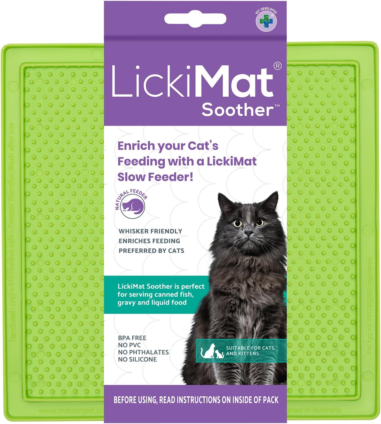 LickiMat Classic Soother, Cat Slow Feeder Lick Mat, Boredom Anxiety Reducer; Perfect for Food, Treats, Yogurt, or Peanut Butter. Fun Alternative to a Slow Feed Cat Bowl or Dish, Green
