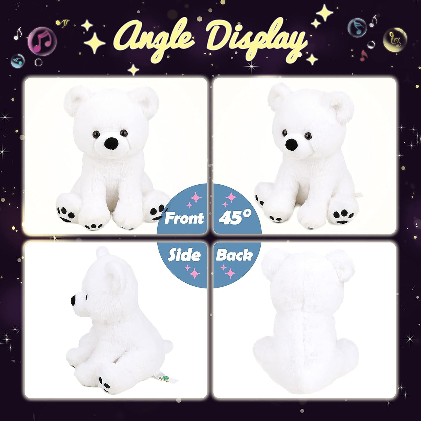 Hopearl LED Musical Stuffed Polar Bear Lighting Up Singing Plush Toy Adjustable Volume Lullaby Animated Soothe Birthday Festival for Kids Toddler Girls, White, 11''