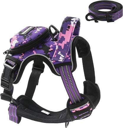 No Pull Dog Harness for Small Dogs, Adjustable No Choke Pet Vest with Dog Leash Fit Smart Reflective Pet Walking Harness for Training Easy Control Soft Handle Purple Camo S
