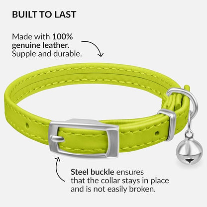 CollarDirect Leather Cat Collar with Bell - Kitten Collar, Small and Big Cat Collar for Boy Cats, Girl Cats with Safety Elastic Strap (Neck Fit 8"-11", Lime Green)