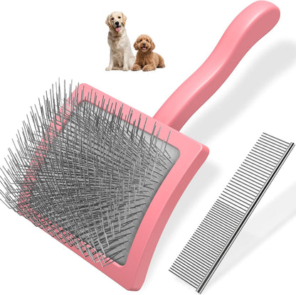 2PCS Slicker Brush for Dogs & Pet Comb,Professional Dog Grooming Brush (Goldendoodles,Poodles,Labradoodles) with Extra Long Pins to Effectively Remove Tangles, Knots and Mats (Light Pink Large)