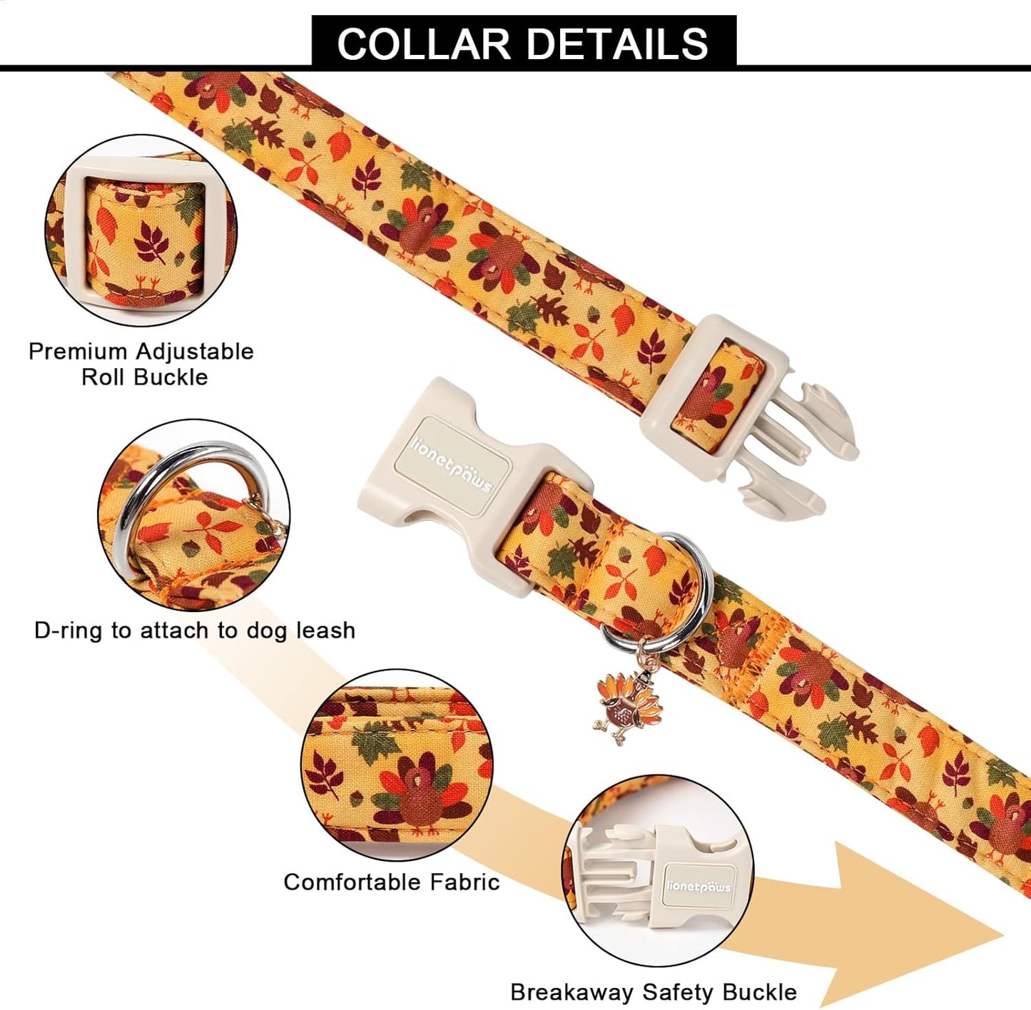 Lionet Paws Thanksgivng Day Dog Collar- Cute Yellow Turkey Dog Collars with Plastic Buckle and Turkey Pendant, Light Adjustable Dog Collars for Small Medium Dogs