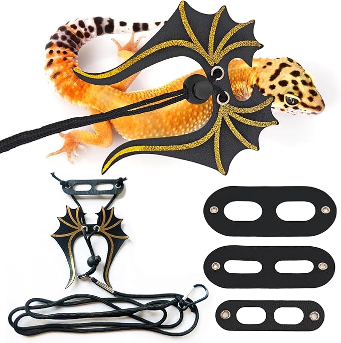 Bearded Dragon Leash and Harness Set,3 Size Adjustable Reptile Harness with Dinosaur Wings Safe Walking Accessories for Bearded Dragons,Lizards Small Reptiles Breathable and Escape Proof Design Black