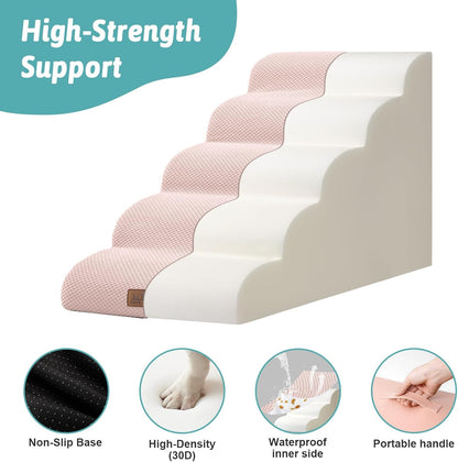 Wide Dog Stairs 19.7" Width, Pet Step for Small/Medium/Large Dog, Puppy or Cat, Pet Ramp for High Bed or Car, High Density Foam Ladder, 19.7x33x22.4 in, Stable, 5 Step, Pink