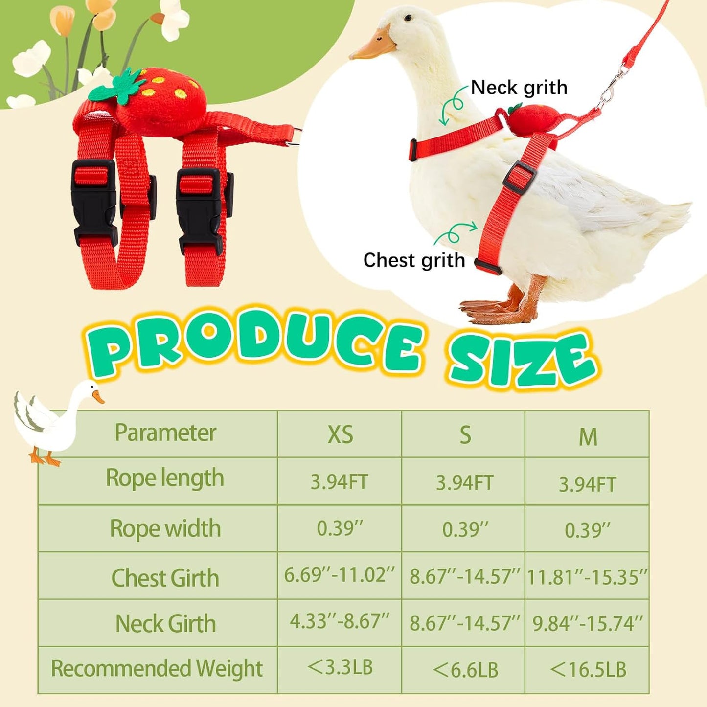 Duck Harness Leash Set Duck Harness and Leash for Real Ducks Adjustable Walking Rope Pet Cute Pattern Outdoor Traction Rope for Chicken Rabbit Small Animals(M,Strawberry)